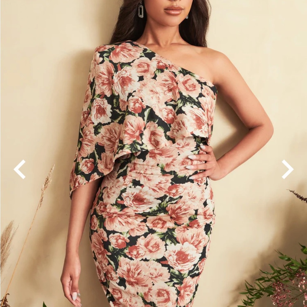 Lavish Alice One shoulder cape midi floral dress